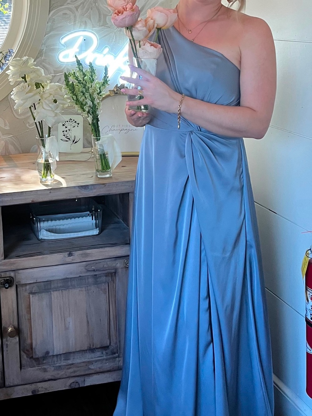 Elegant One-Shoulder Satin Bridesmaid Gown in Dusty Blue